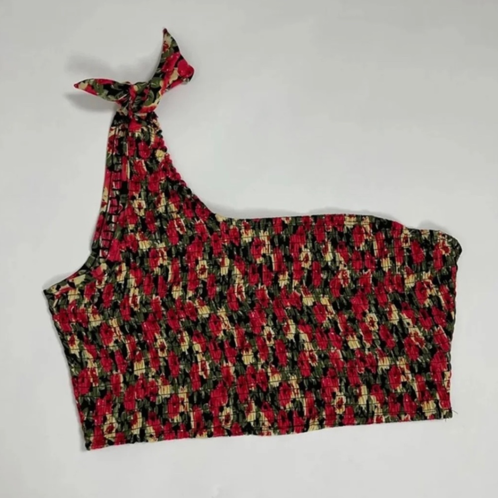 SHEIN Red Floral Cropped One Shoulder Smocked Tie-Shoulder Top Size XL